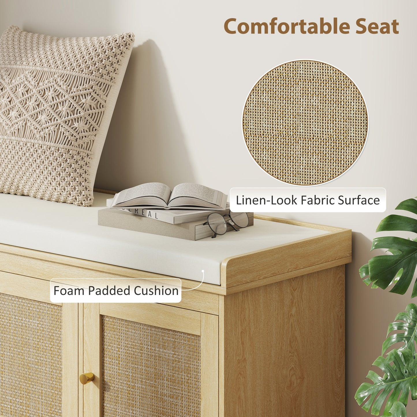 Shoe Storage Bench with Woven Rattan Doors - Cream White Oak