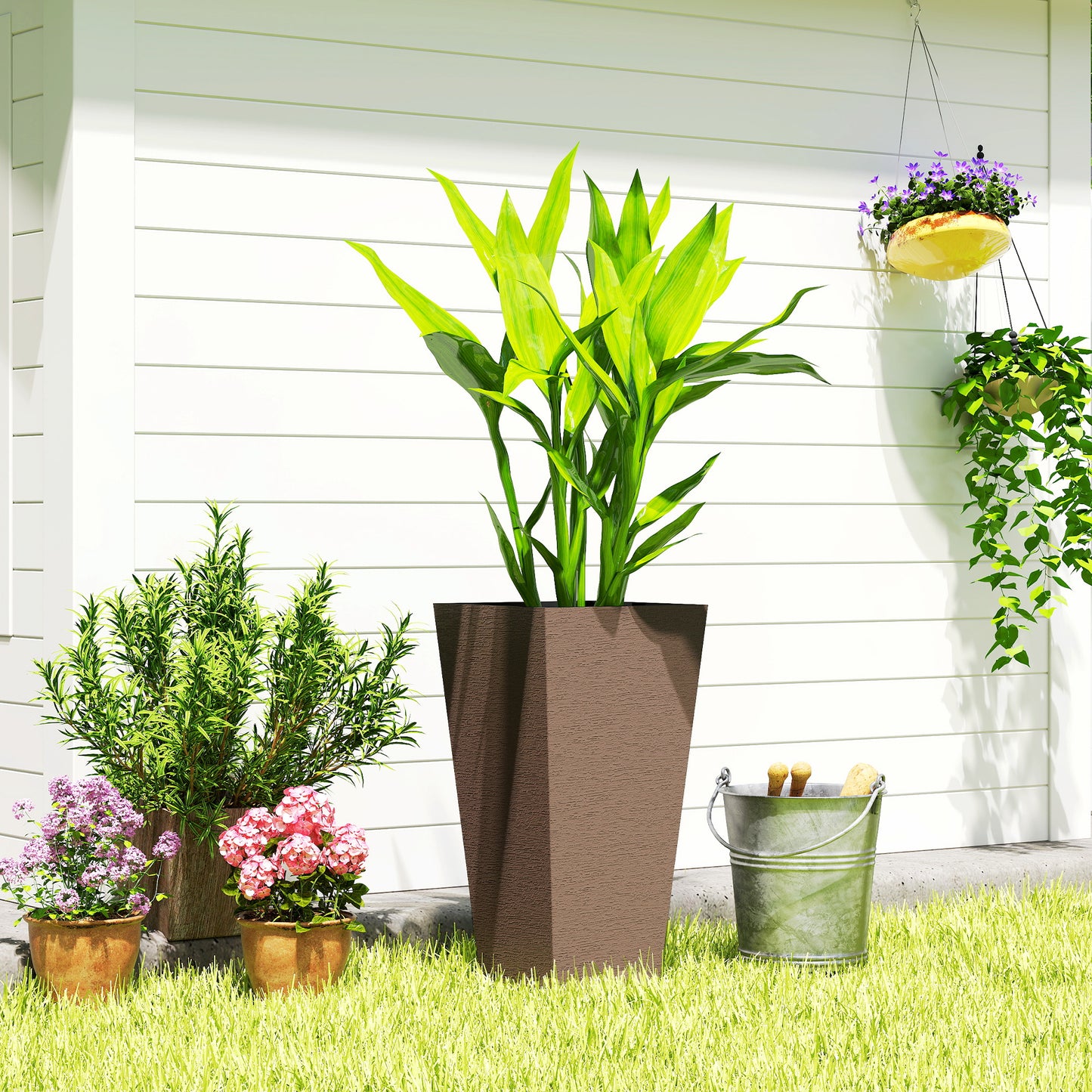 Tall Outdoor Plant Pots Set of 2 - Brown Plastic Flower Planters for Garden & Patio