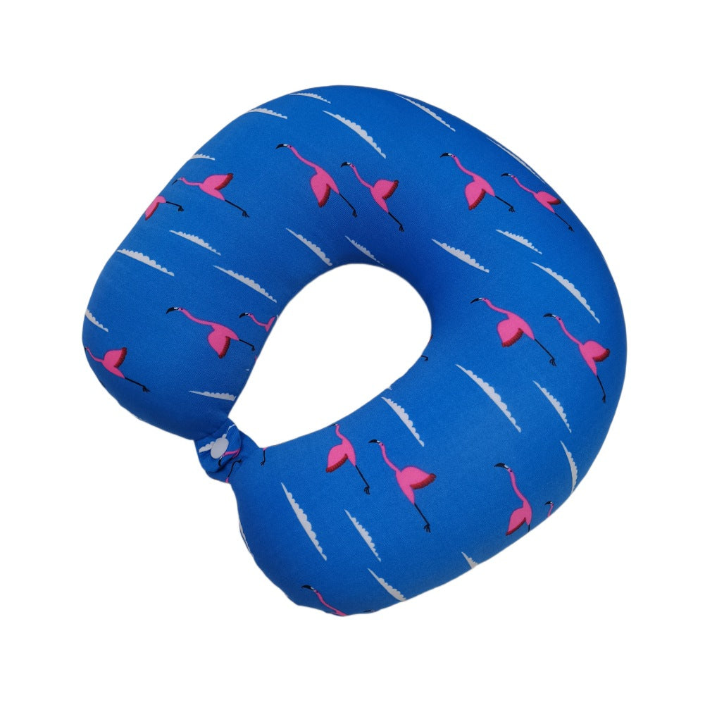 Travel Neck Pillow with Flamingo Print - Micro Bead U-Shape Support for Airplane, Car, Office, Pink & Blue