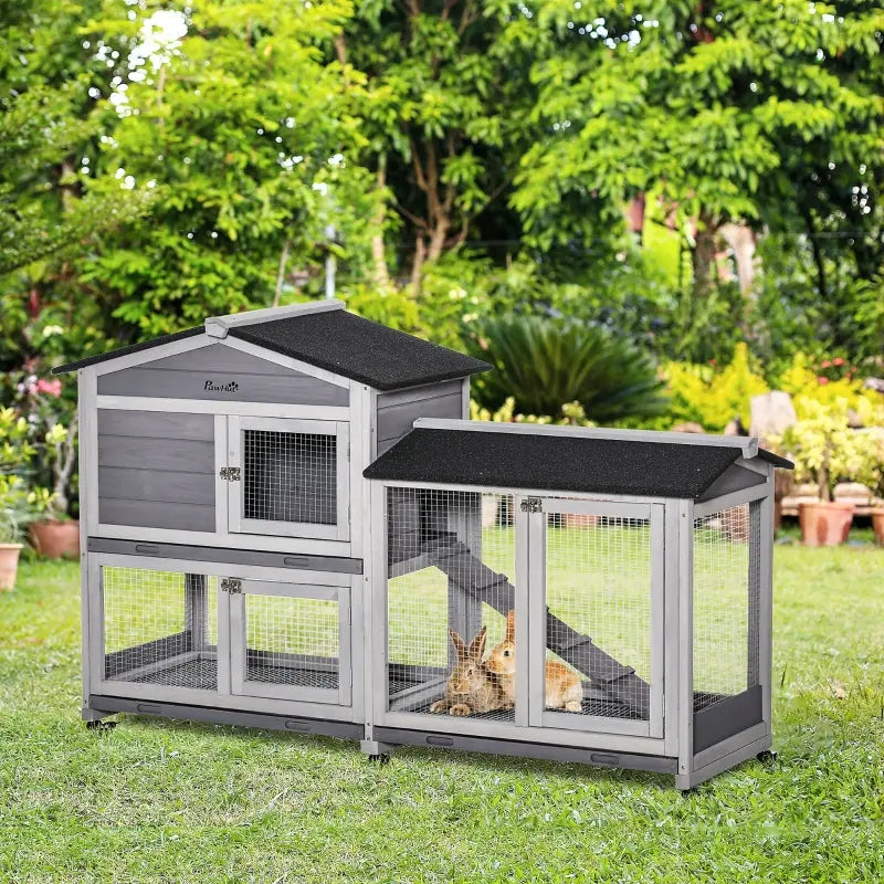 Outdoor Wooden Rabbit Hutch with Wheels, Run Box, Ramp & Slide-Out Tray