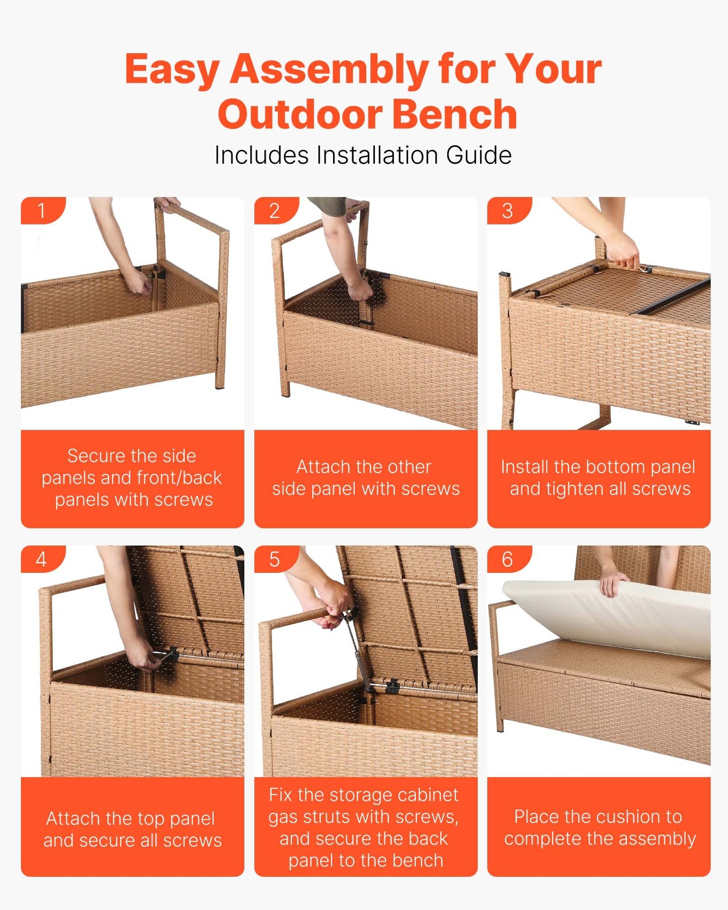 Outdoor Storage Bench with Cushion 70 Gal Waterproof Rattan Deck Box - Brown