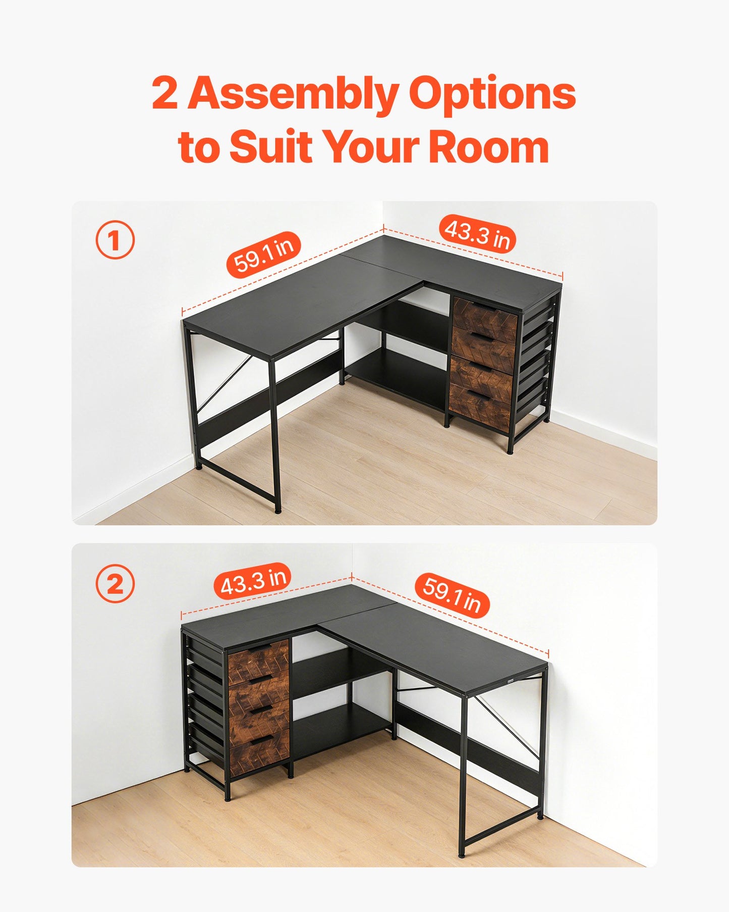 Reversible L-Shaped Computer Desk with Drawers & Shelves - 59 Inch Home Office Workstation
