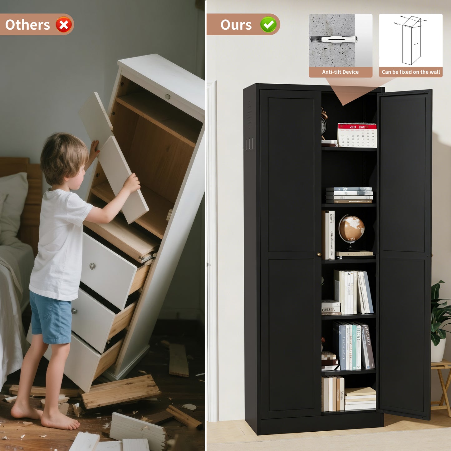 72 Black Metal Kitchen Pantry Cabinet With Doors, Heavy-Duty