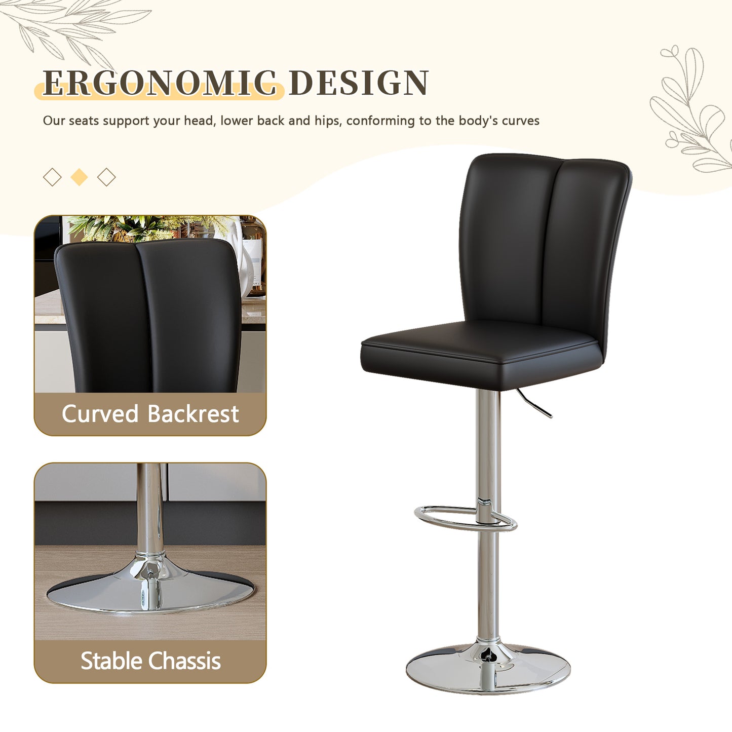 Modern Black PU Bar Stool Set - 2-Piece, Featuring Vertical And