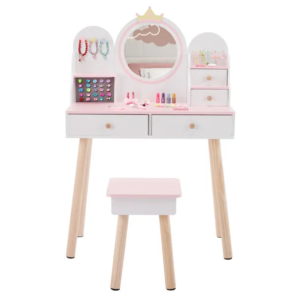 4-Drawer Children's Dressing Table Set - White & Pink Crown