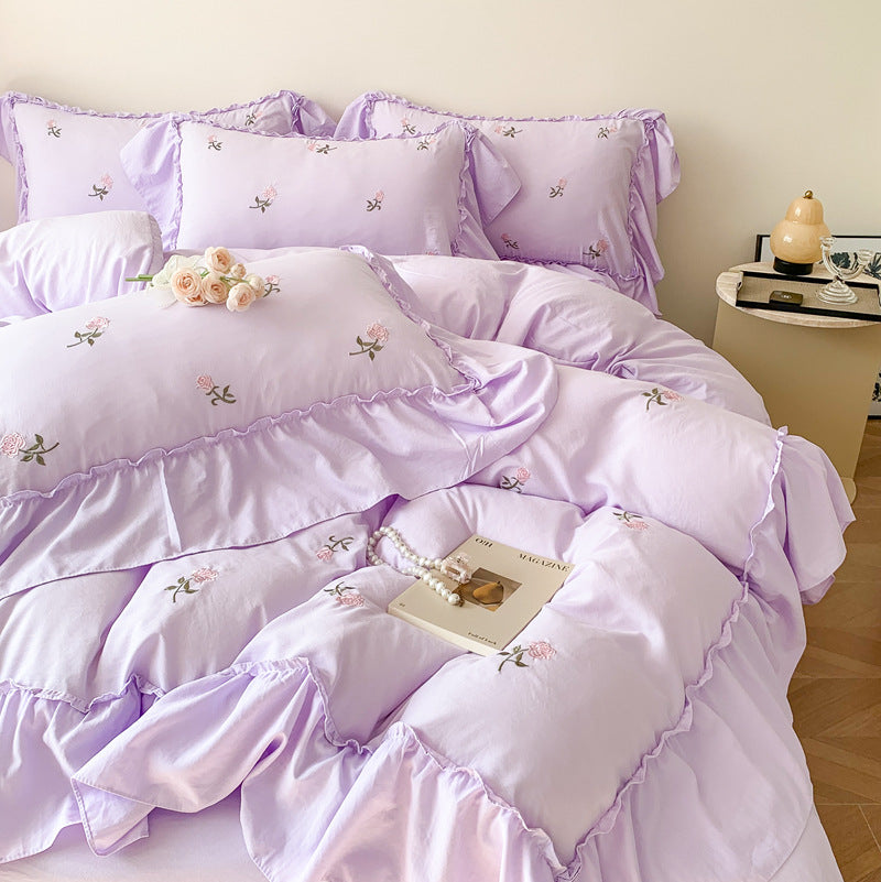 Embroidery Bedding Set with Washed Cotton and Brushed Hair - Four Piece Bed Linen