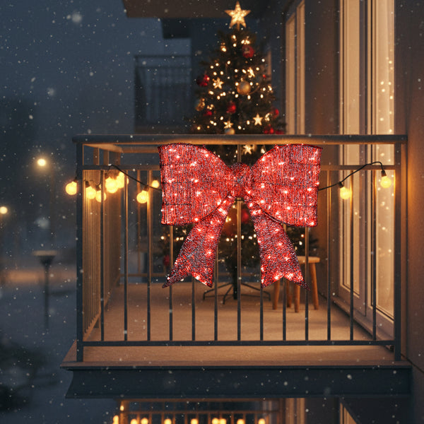 Giant Pre-Lit Christmas Bowknot Decoration with 124 LED Lights - Red