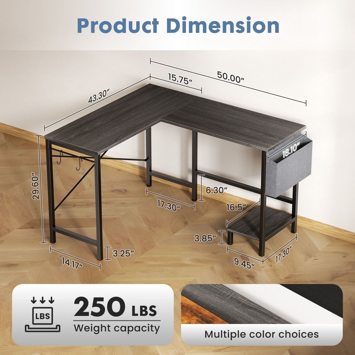 L-Shaped Computer Desk with Storage Bag & CPU Holder - 49IN