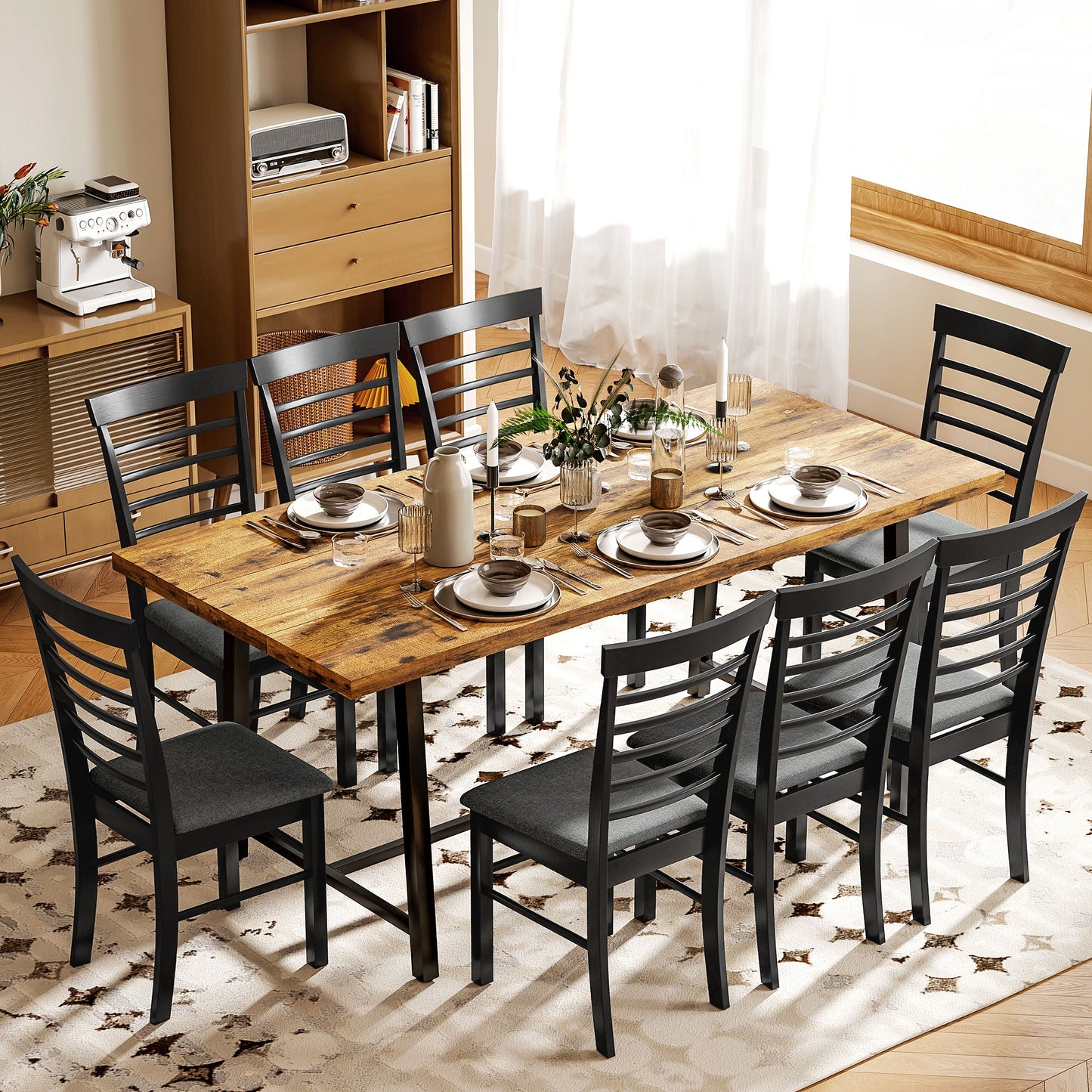 Set of 4 Farmhouse Dining Chairs - Upholstered Rubber Wood Frame in Black & Gray