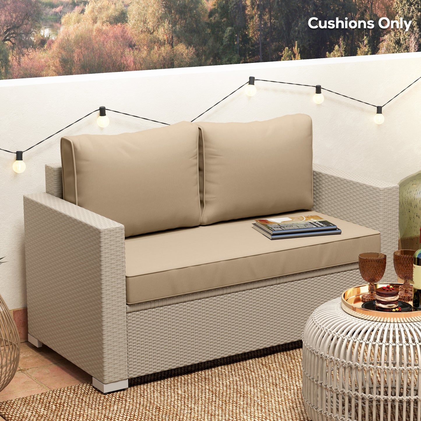 Beige Outdoor Loveseat Cushion Set - 3-Piece Thick Replacement Cushions
