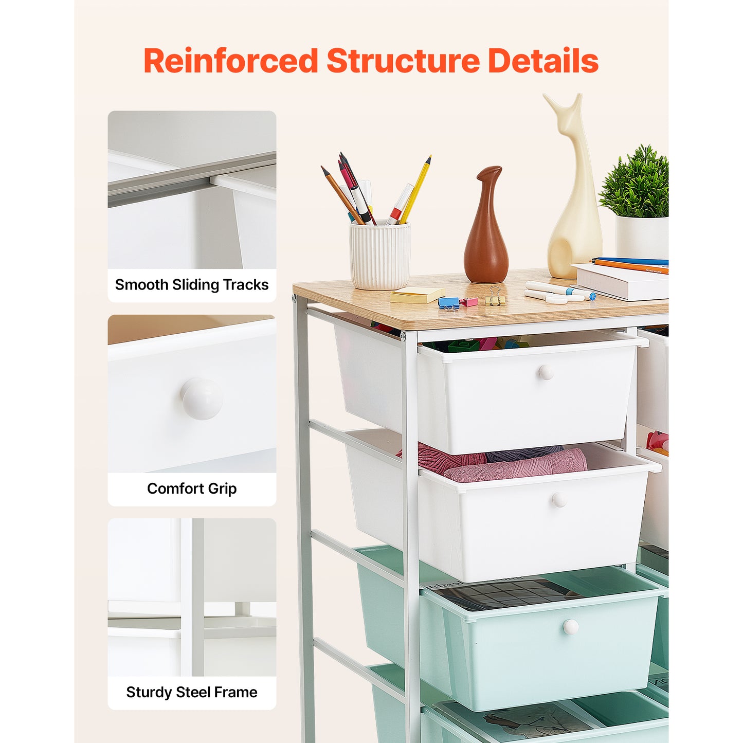 Mobile Utility Cart with Drawers, Steel Frame and Wooden Top, Blue & White