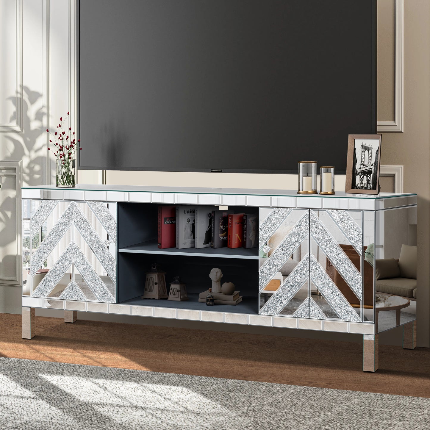 Mirrored TV Stand for 65-Inch TV - Silver Console Table with Storage