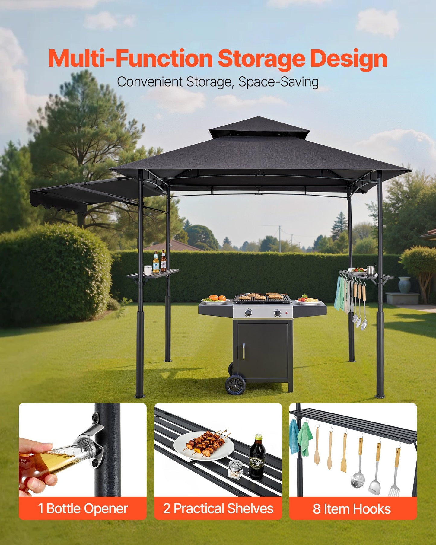8x5 ft Reinforced BBQ Grill Gazebo Canopy with Double-Tiered Roof & Side Awnings