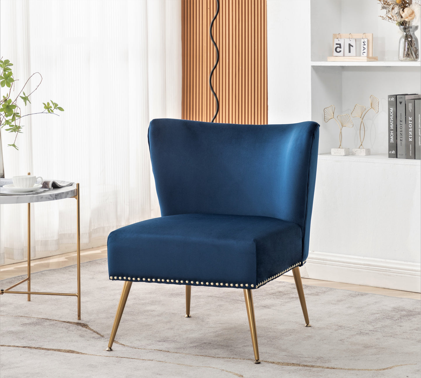 Printed Cloth Accent Chair, Armless Slipper Chair With Metal Legs,