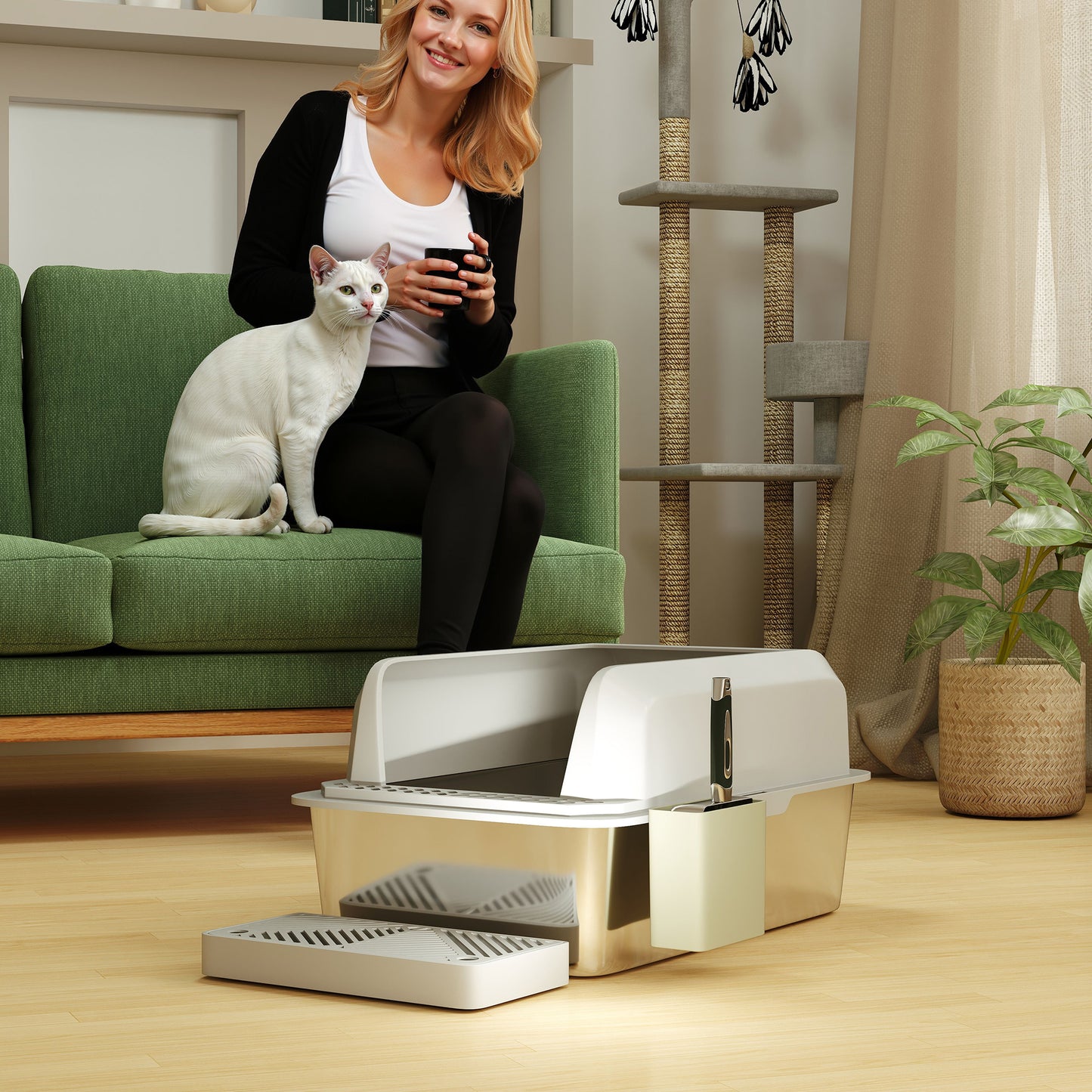 Stainless Steel Cat Litter Box with Scoop & Holder, High Sided, Leakproof