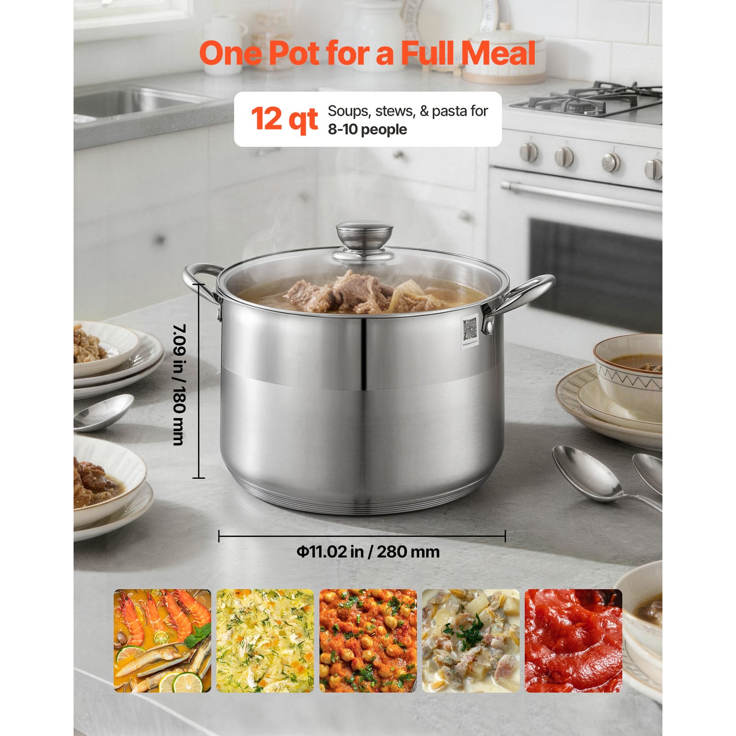 12-Quart Stainless Steel Stock Pot with Glass Lid for Soups & Stews