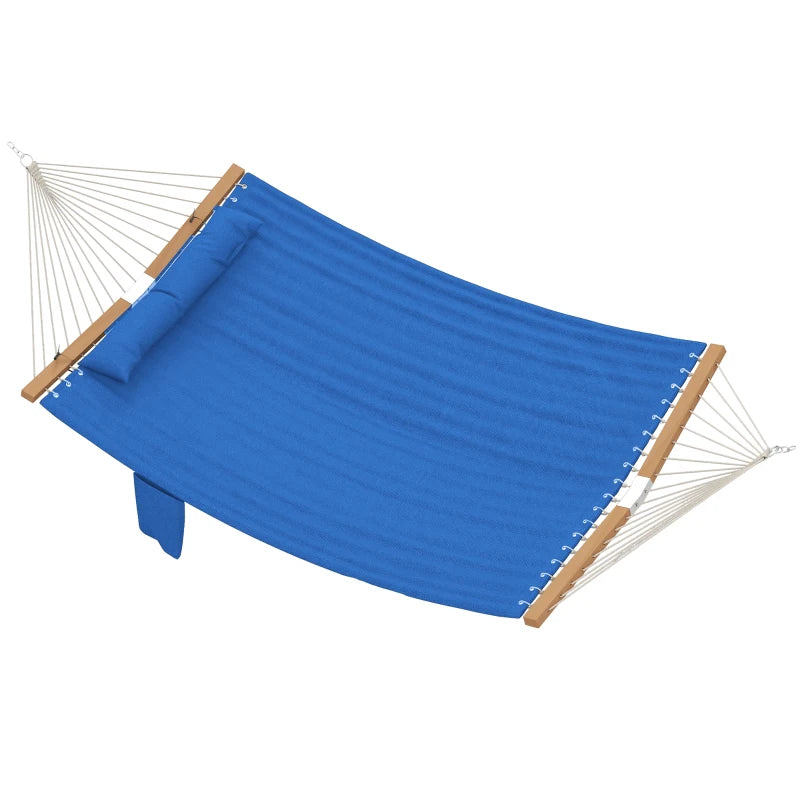 Double Outdoor Hammock for 2 - Quilted with Natural Wood & Navy Blue