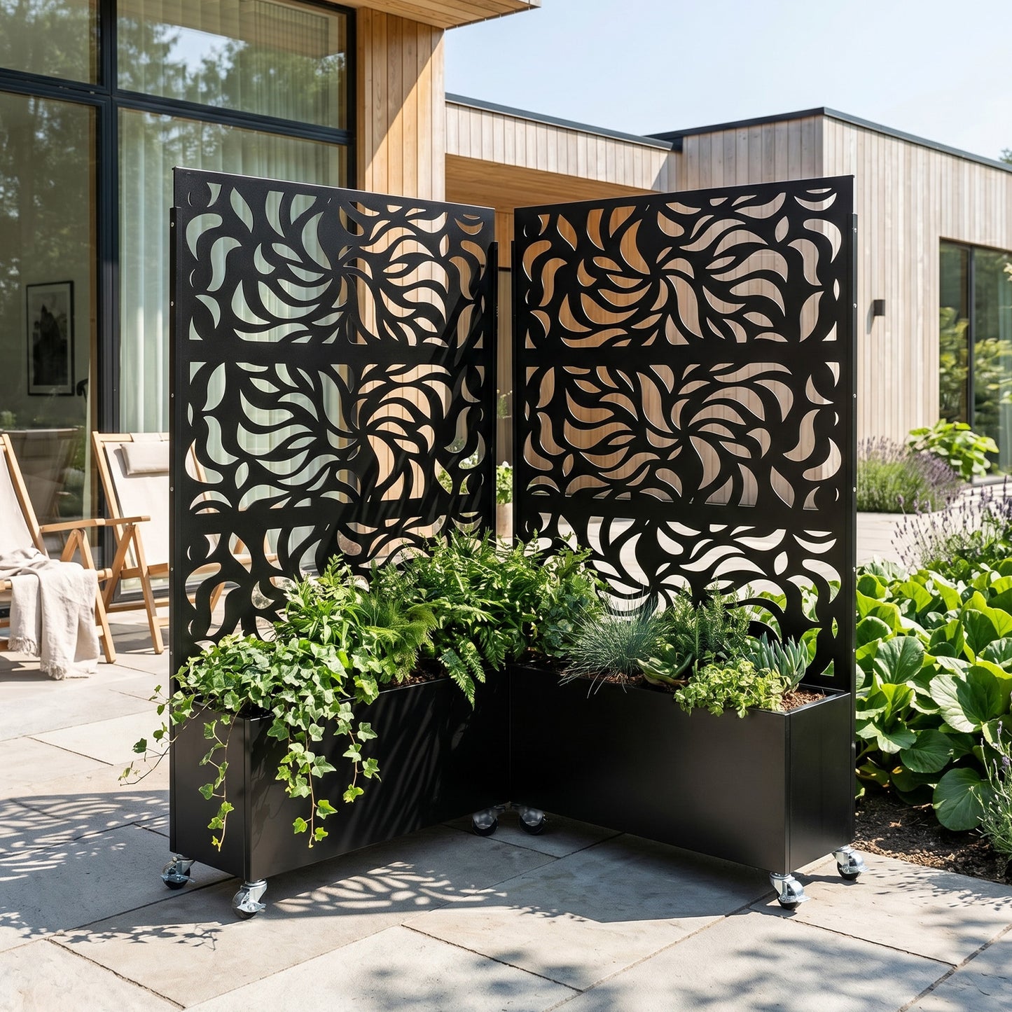 Leaf Pattern Privacy Screen with Planter Box - Black Metal