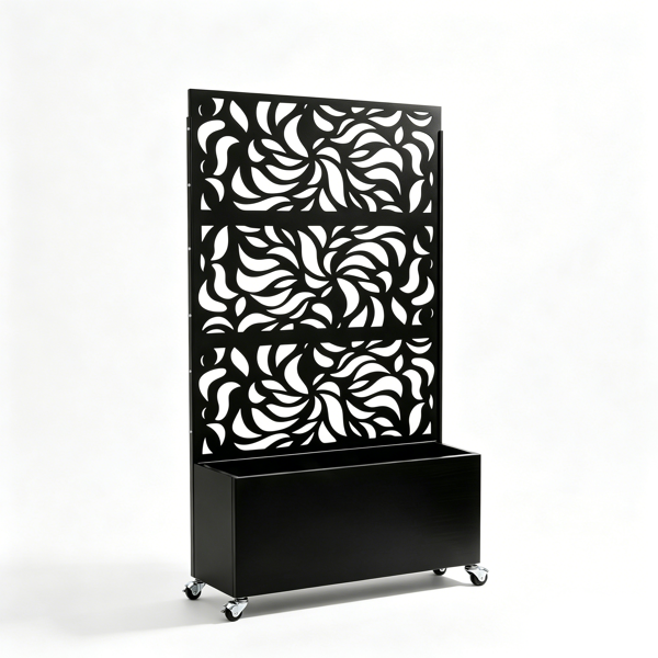 Outdoor Leaf Pattern Privacy Screen with Planter Box - Black Metal Freestanding Garden Fence