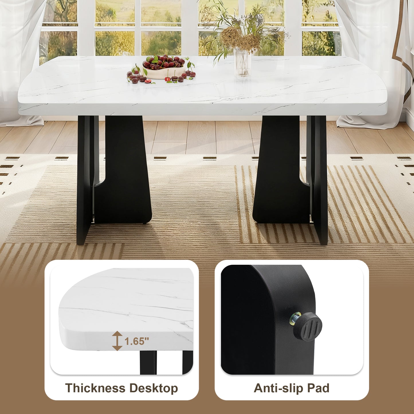 63 Modern Faux Marble Dining Table - Black White Top With Sturdy