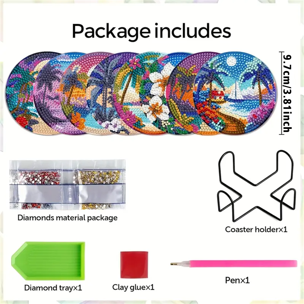 DIY Diamond Art Coaster Kit with Holder - Landscape Pattern, for Adults & Beginners