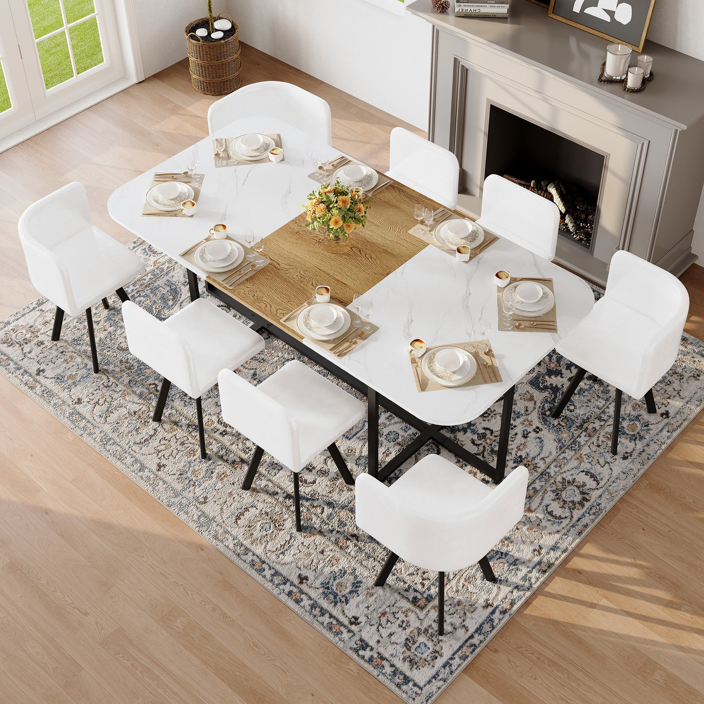 9-Piece Square Dining Table Set with White Faux Leather Chairs