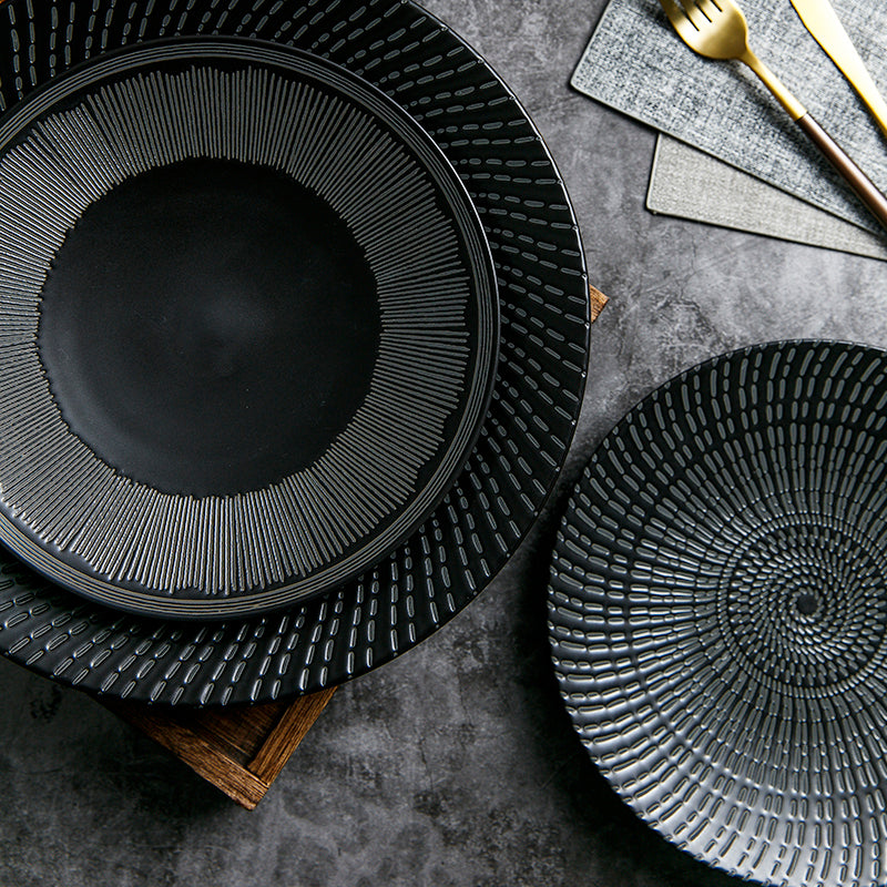 Porcelain Flat Pasta Plate - Nordic Style Black Meteor Shower 8-11 Inch