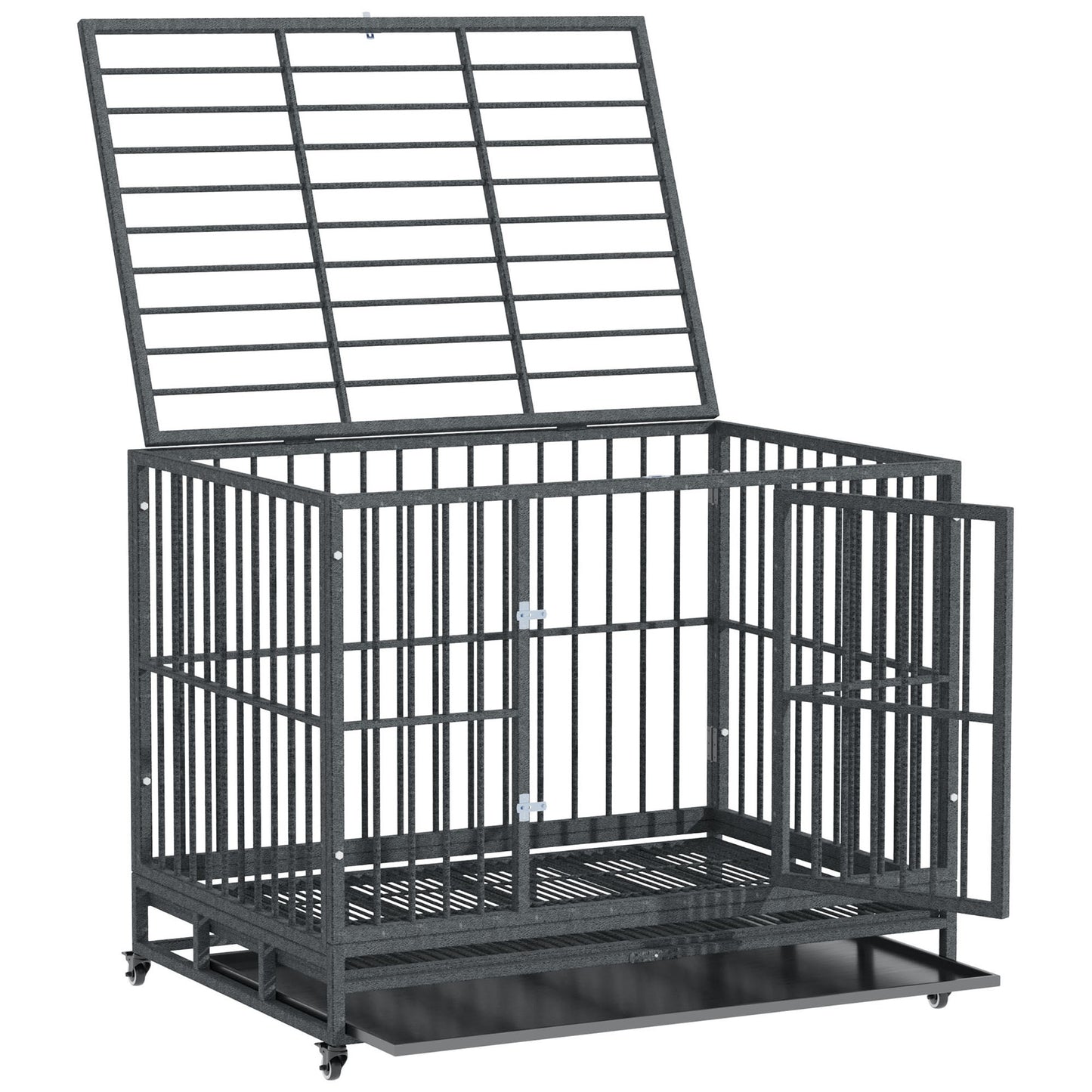 Heavy Duty Dog Crate Metal Cage with Lockable Wheels & Double Doors - 43 Inch Gray