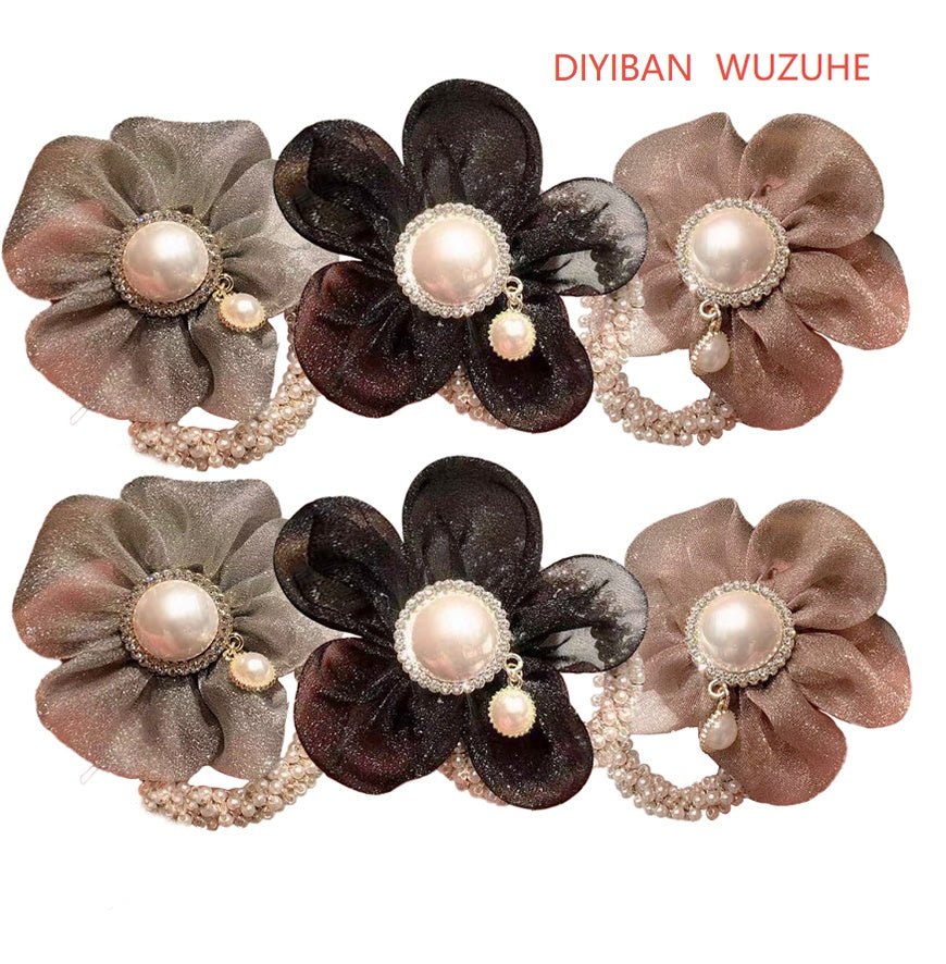 Elegant Pearl Flower Hair Scrunchie - Handmade Fabric Hair Band