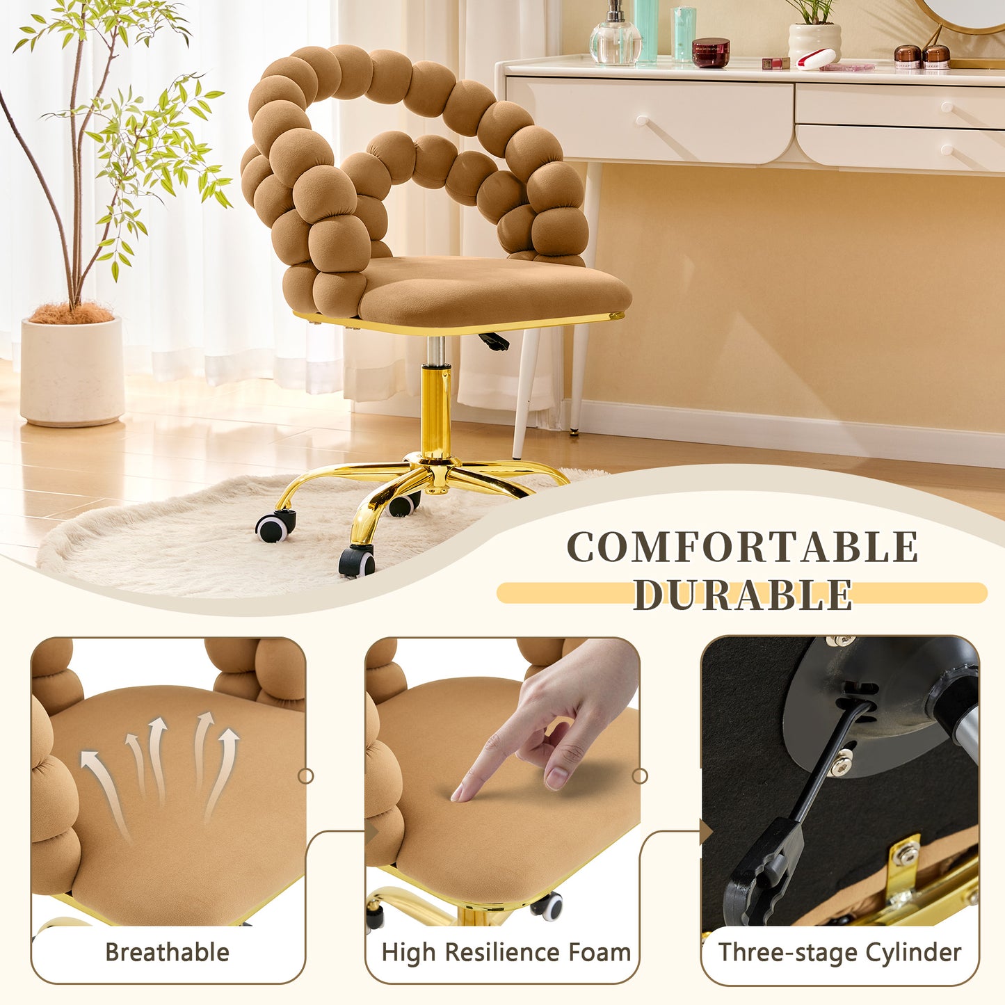 Velvet Bubble Back Swivel Office Chair - Adjustable Height, Gold Base