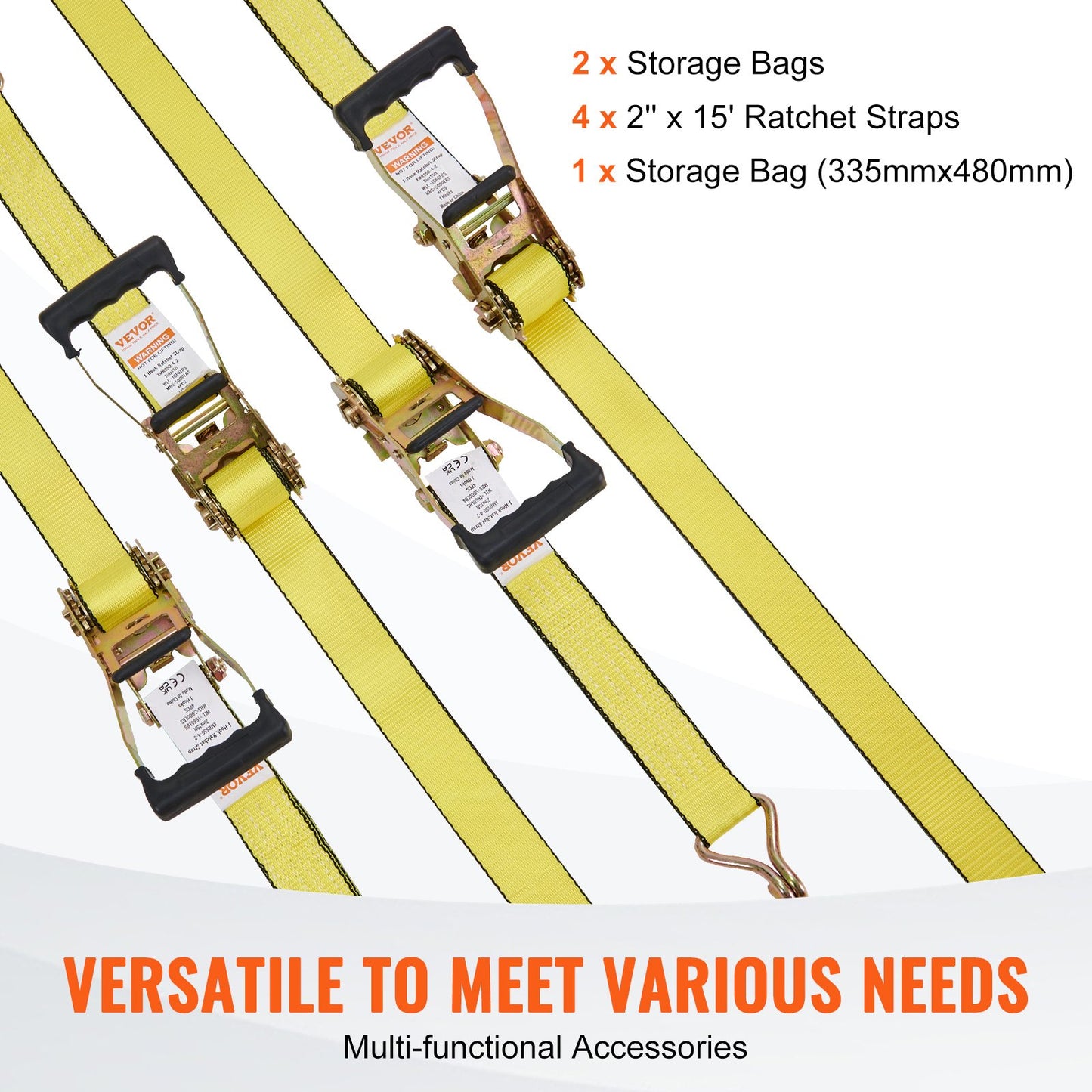 Heavy Duty Ratchet Tie Down Straps 4 Pack - 5000 Lb Break Strength, Double J Hooks, 2x15 ft, Yellow