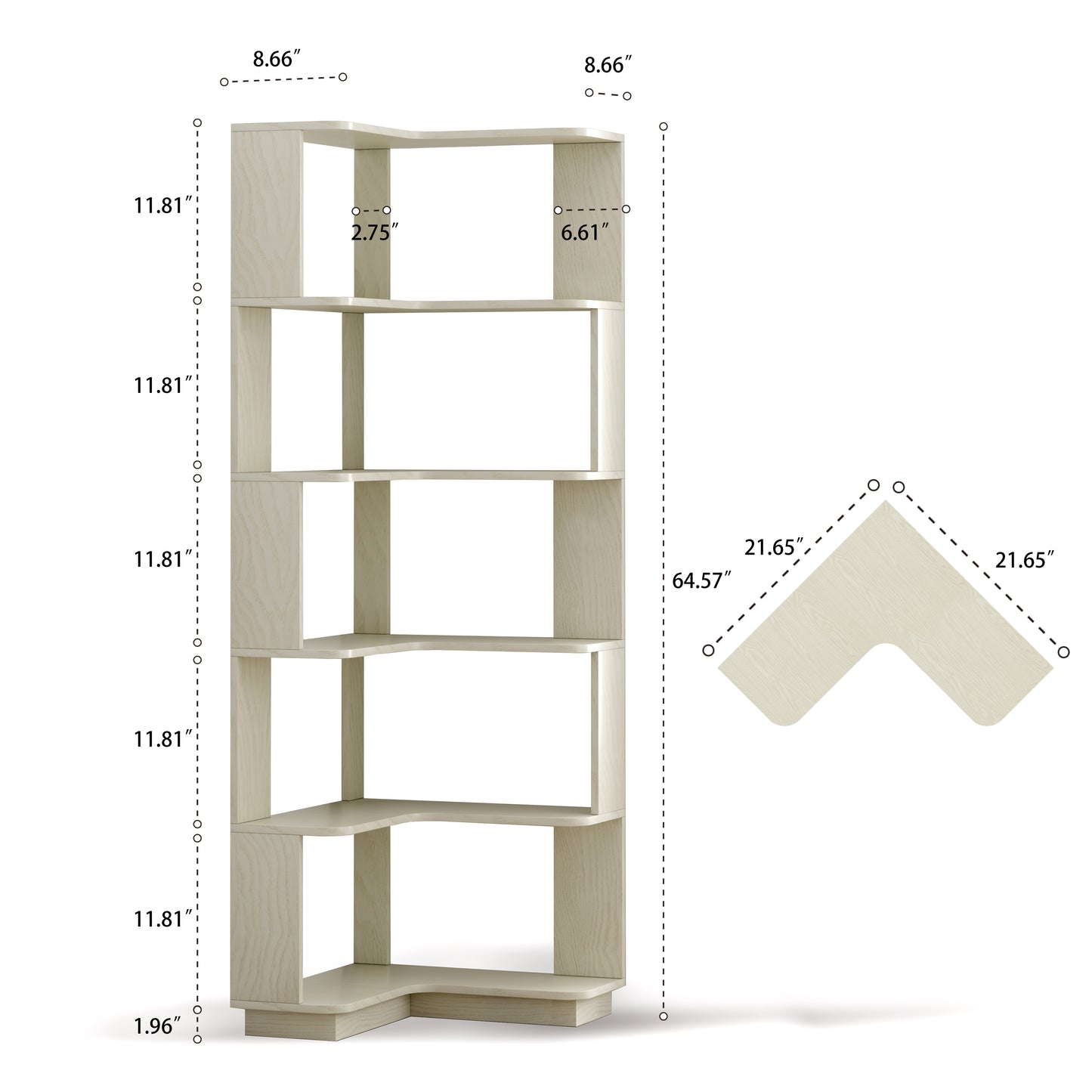Set of 2 Space Saving Corner Bookshelf - White MDF