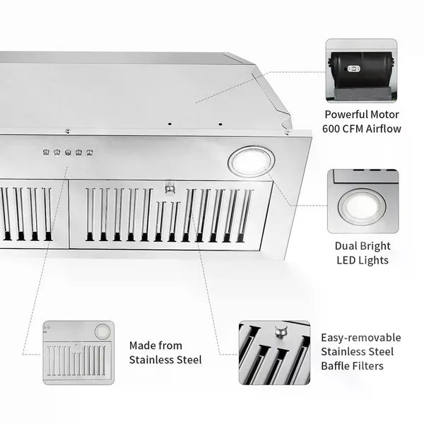 30-Inch Built-In Range Hood 600 CFM Kitchen Vent with LEDs and Convertible Fan