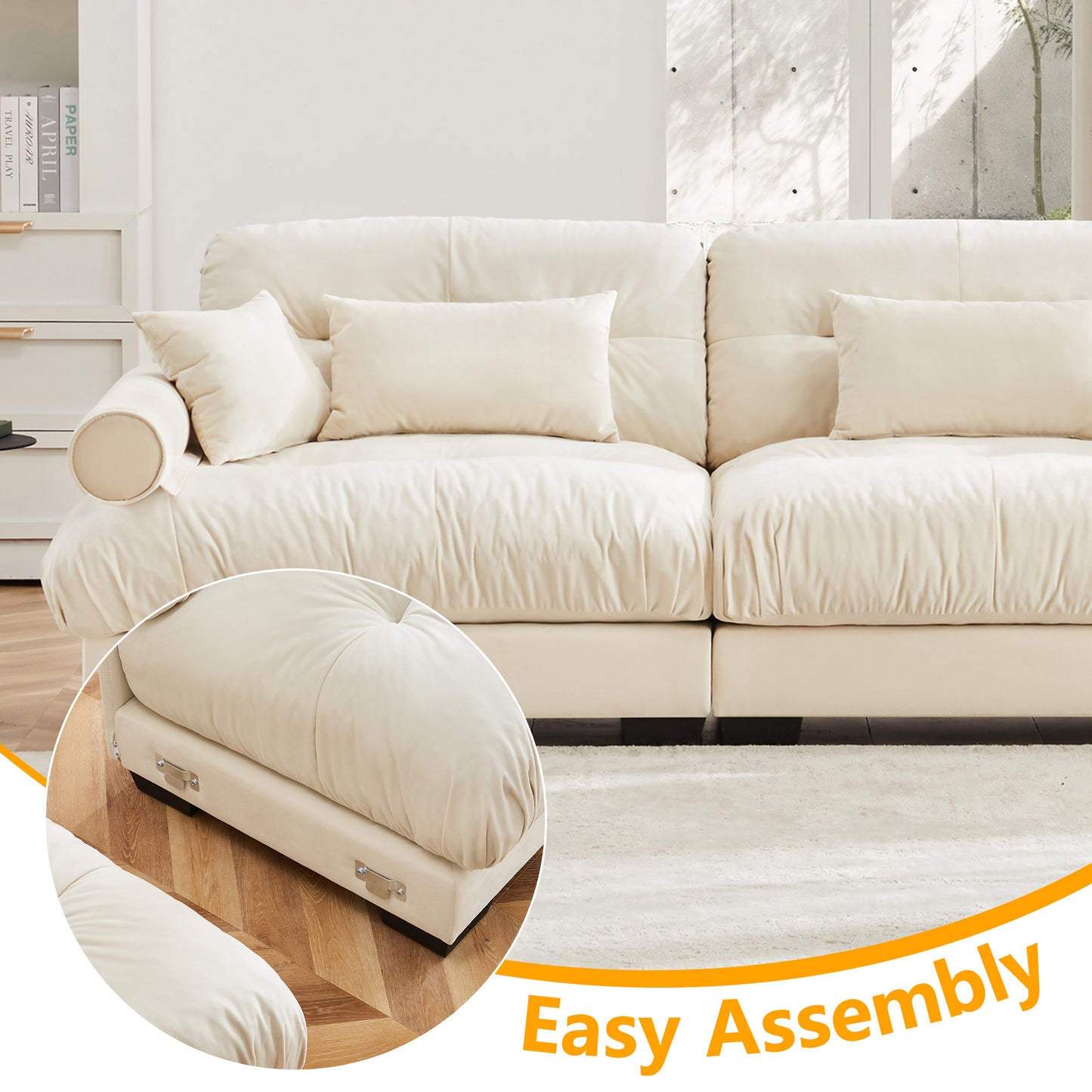 Oversized Modular Velvet Sectional Sofa with Movable Ottoman - Cream
