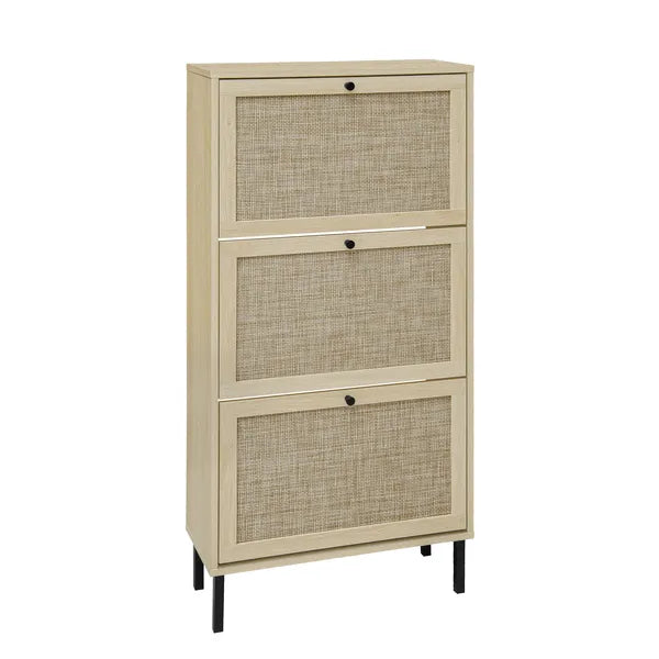Rattan 3 Door Shoe Rack, Freestanding Modern Storage Cabinet, For