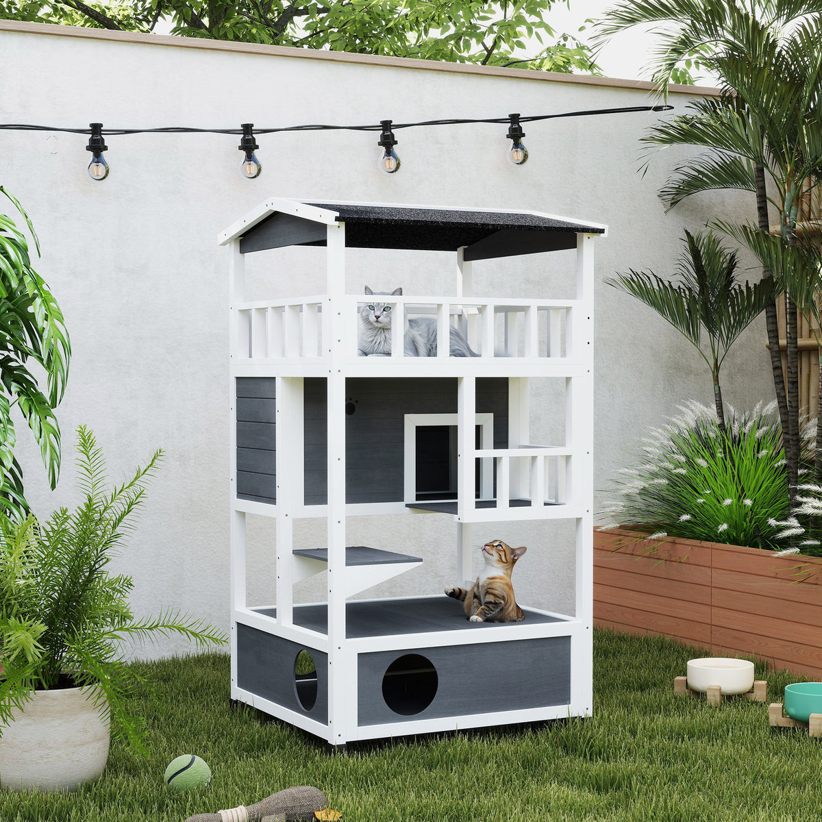 Outdoor Cat House with Asphalt Roof, Escape Doors & Jumping Platform - Gray