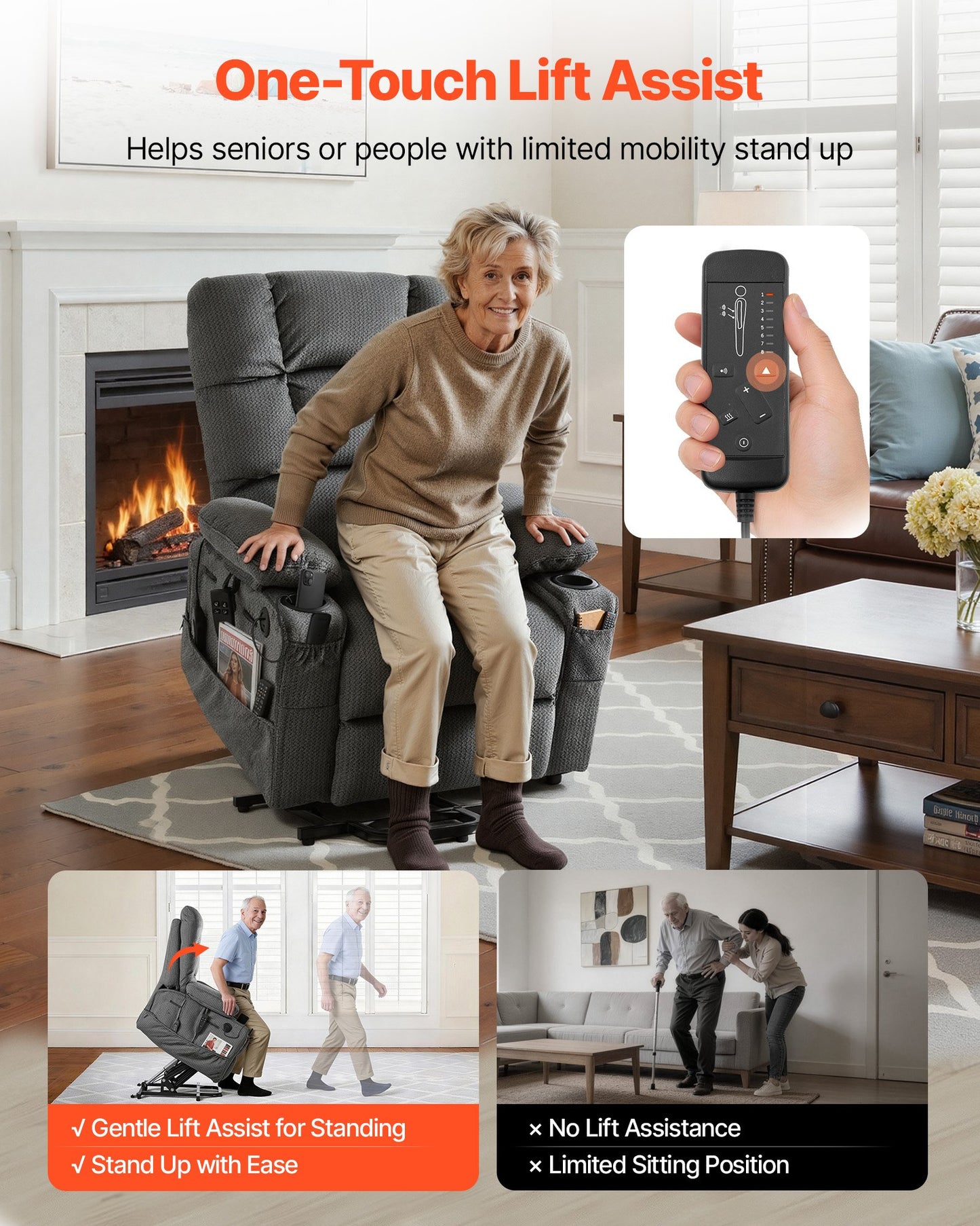 Electric Power Lift Recliner Chair with Heat Massage Velvet Dark Gray