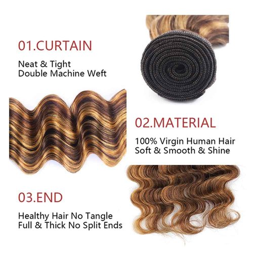 P4/27 Highlight Deep Wave Bundles Brown and Honey Blonde Human Hair 3 Bundles Brazilian 100% Unprocessed Virgin Extensions Double Weft Bundle Piano Color 14 16 18 Inch