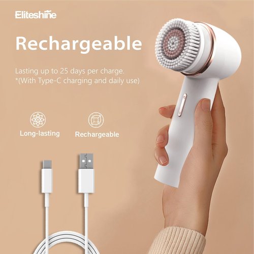 Eliteshine 1 White Electric Facial Cleansing Brush Plus with 2 Original Replacement Heads Bundle