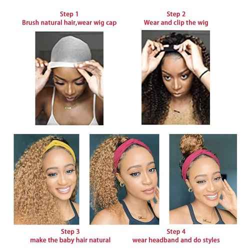 1B30 Deep Wave Headband Wig Ombre Brown Human Hair Headband Wig 130% Density Grade 8A Brazilian Remy Hair Machine Made Wigs Dark Brown Color 22 Inch