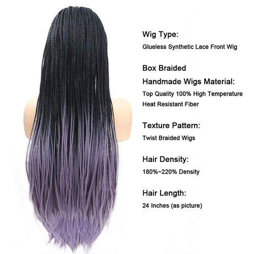 Braided Wigs Long Black Purple Lavender Box Braided Lace Front Wig for African American Women Free Part Soft Natural Hairline Realistic Drag Queen Wigs Festival Holiday Cosplay Daily 26 Inch
