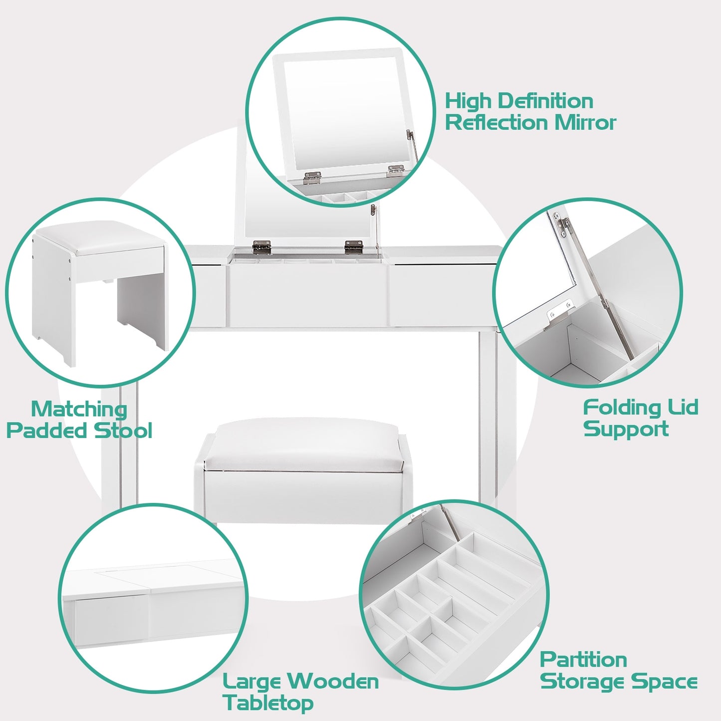 Vanity Makeup Dressing Table Set with Flip Top Mirror & Stool - White