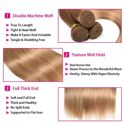 Honey Blonde Straight Bundles Human Hair Color 27 Human Hair Bundles 8A Grade Brazilian Unprocessed Virgin Hair 3 Bundles 18 20 22 Inch Color 27 Straight Bundles