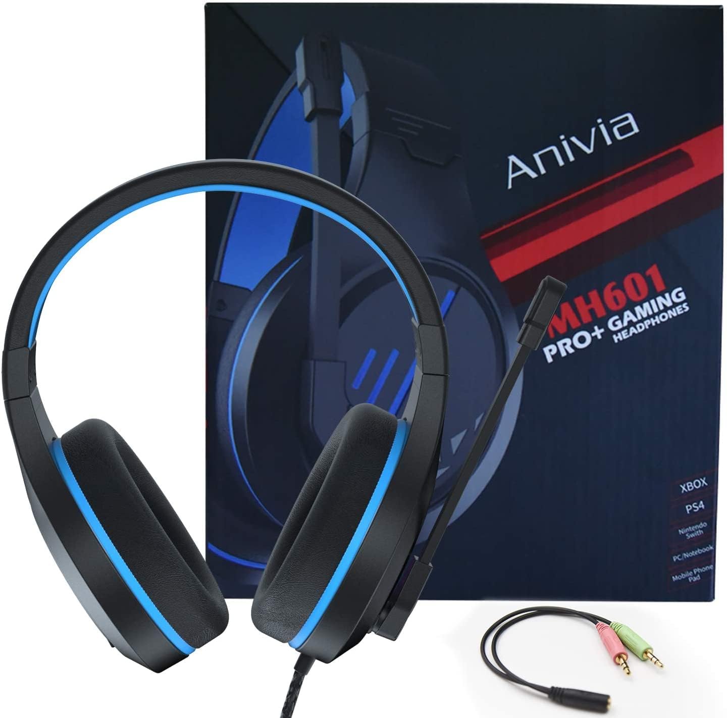 Anivia MH601 Blue Headphones with Microphone Wired Headset with Active Noise Canceling Microphone, 3.5mm Audio Jack Stereo Headphone (Game/Work/School)