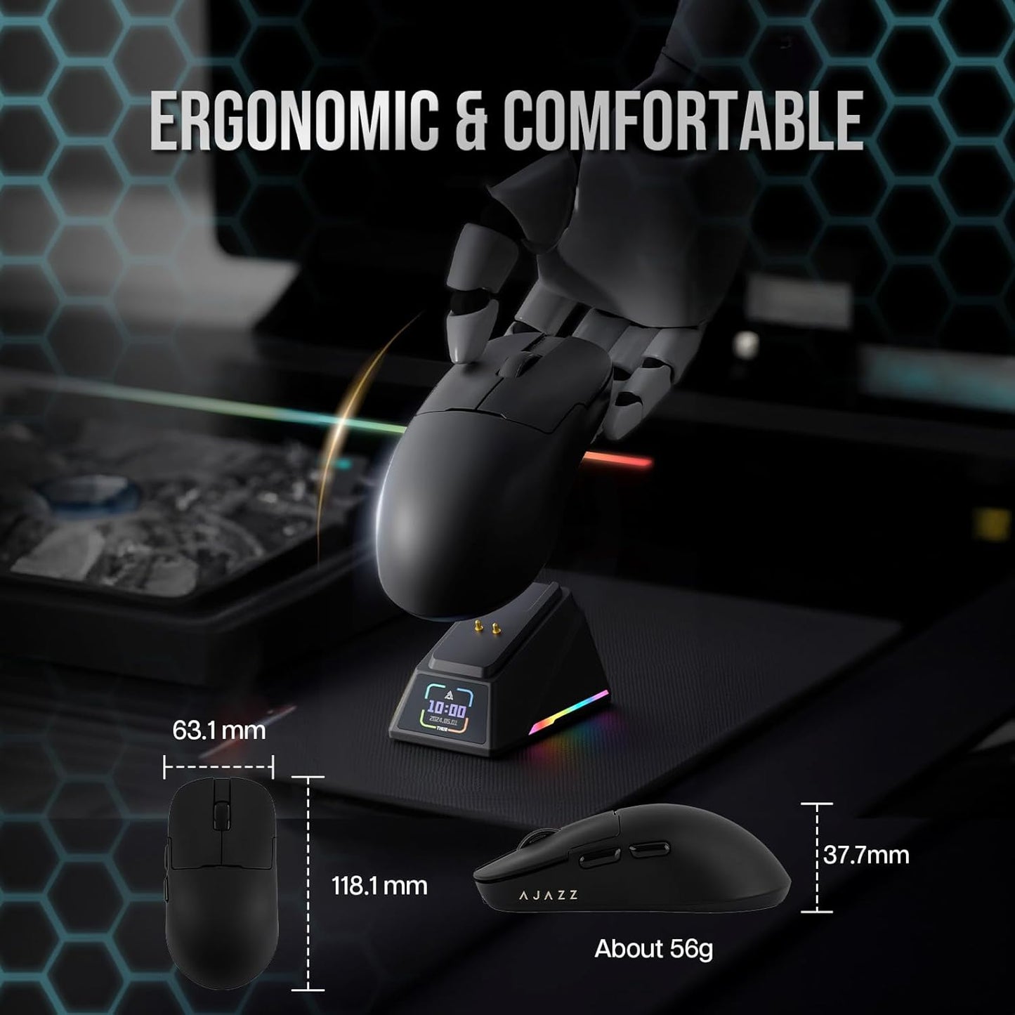AJ159 APEX Wireless Mouse, Lightweight Gaming Mice, with Magnetic Charging Design and Display Screen, 42000 DPI, PAW3950 Sensor, BT/2.4G/Wired Connection, 400mAh Battery (Black)