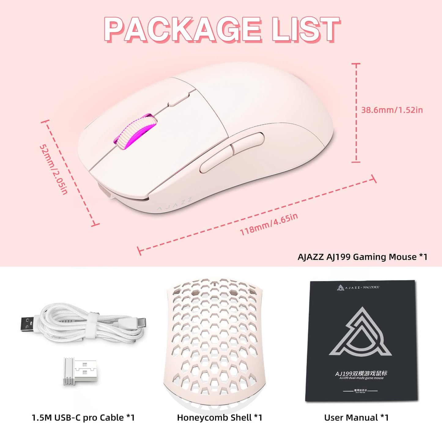 AJAZZ AJ199 Wireless Gaming Mouse,59G Ultra Lightwieght-Huanuo Micro Switch-26K PAW3395 Sensor-40Hrs Battery Life-2.4G/USB-C Mouse Gaming -Wireless Computer Mouse 6 Programmable Buttons,100% PTFE Feet