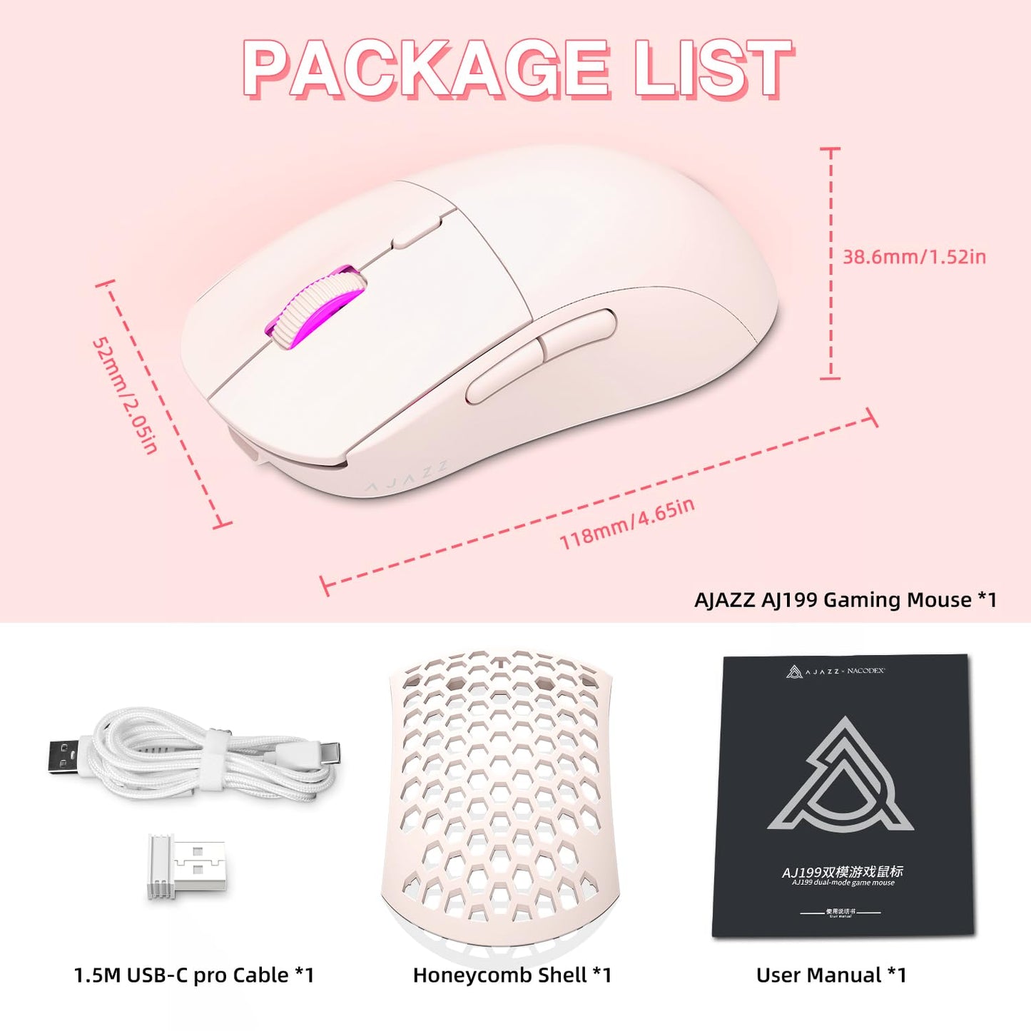 AJAZZ AJ199 Wireless Gaming Mouse,59G Ultra Lightwieght-Huanuo Micro Switch-26K PAW3395 Sensor-40Hrs Battery Life-2.4G/USB-C Mouse Gaming -Wireless Computer Mouse 6 Programmable Buttons,100% PTFE Feet