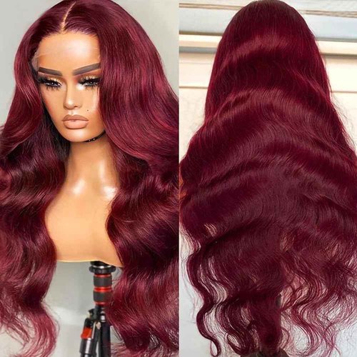 Burgundy Lace Front Wigs Human Hair 99j 13X4 Body Wave Lace Front Wigs 180% Density 100% Brazilian Human Virgin Hair Glueless HD Red Wigs Pre Plucked with Bleached Knots Natural Hairline (26inch)