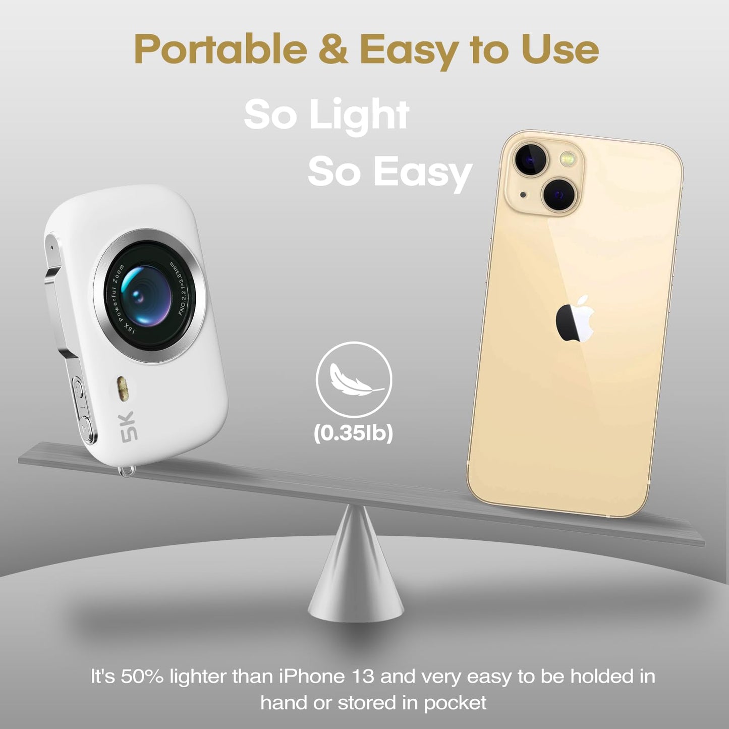 5K Vlogging Camera,80MP UHD Portable Digital Cameras for Vlogging,18X Zoom Travel Point and Shoot Camera with 32GB TF Card,Photography Cameras for Beginners Teen - White