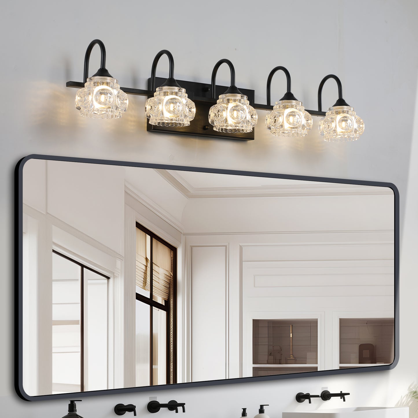 5-Light Bathroom Vanity Light Fixture - Black & Crystal Shades